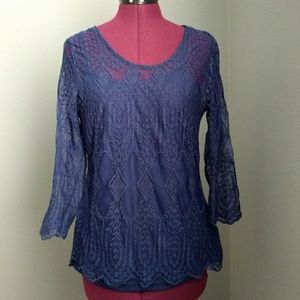 3/$10 Willi Smith Blue Sheer Scalloped Lace Top